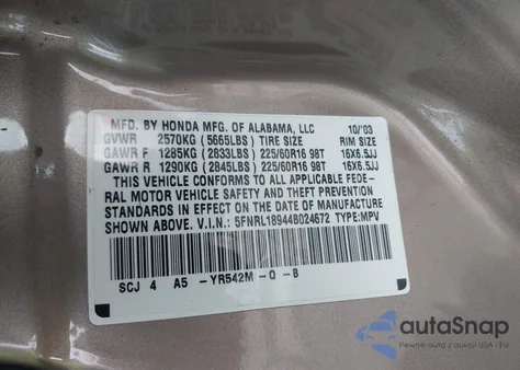 2004 Honda Odyssey Ex-L z USA, uszkodzony, nr VIN 5FNRL18944B024672